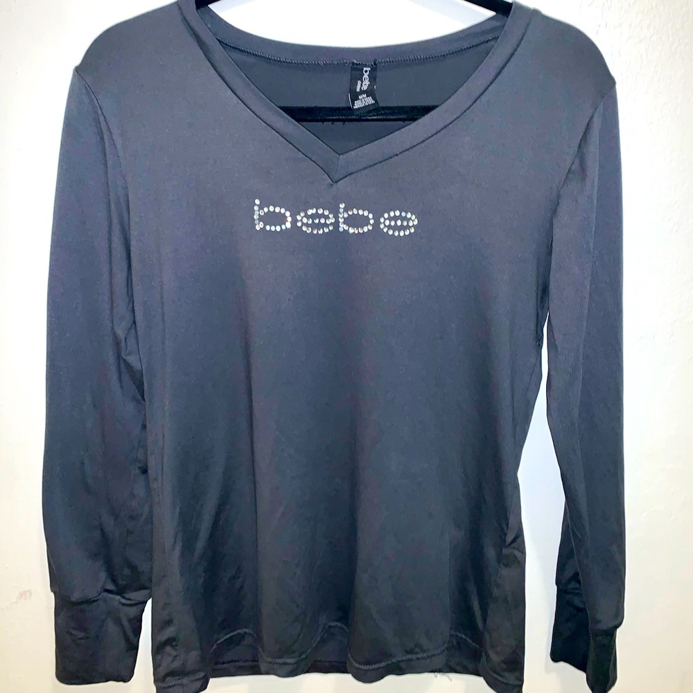 Swarovski BEBE Logo Grey V-Neck Long Sleeve